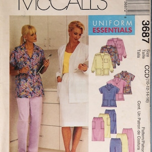 May include: McCall's Uniform Essentials sewing pattern. The image shows a woman wearing a white coat and skirt, and another wearing a floral print top and pink pants. The pattern includes various uniform styles, including tops, skirts, and pants.