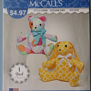 McCall's 9546. Simplicity 1191. Stuffed bunny and bear pattern.  Easy sew memory bears and bunnies pattern.  14" tall .  Uncut