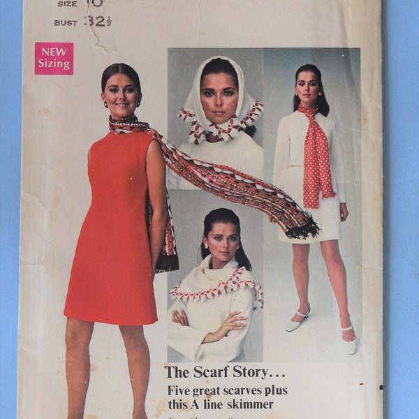 Butterick 5593.  Misses dress and scarves pattern.  Vintage 1960s A line skimmer dress pattern.  5 scarf patterns.  SZ 10.  Uncut