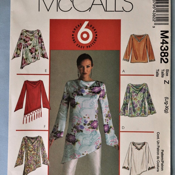 McCall's 4382.  Women's tops pattern.  Asymmetrical hem tops and tunics pattern.  Long sleeve tunic tops pattern.  SZ L, XL  Uncut