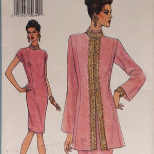 May include: A vintage sewing pattern featuring illustrations of two women's outfits. The designs include a pink dress and a pink jacket and skirt set, both with gold trim. The pattern is labeled "Very Easy Very Vogue."