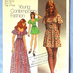 Simplicity 9725.  Vintage 1971 Boho peasant dress pattern.  1971 Mini dress or ankle length Boho dress pattern.  SZ 11/12