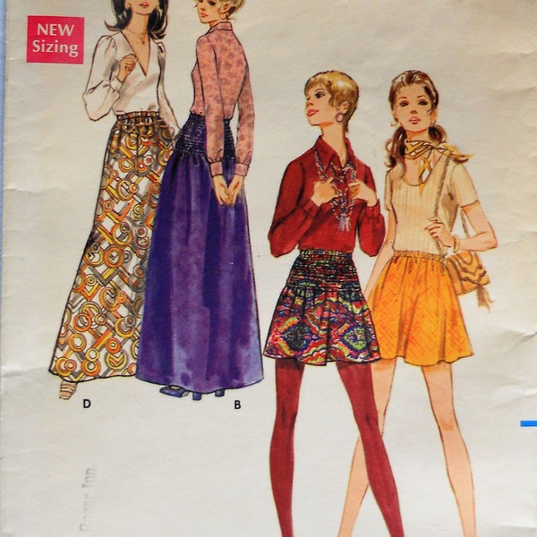 Butterick 5714.  Vintage 1960s Mod skirt pattern.  Easy sew long or mini skirt with elastic waist or shirred yoke pattern.  Waist 24