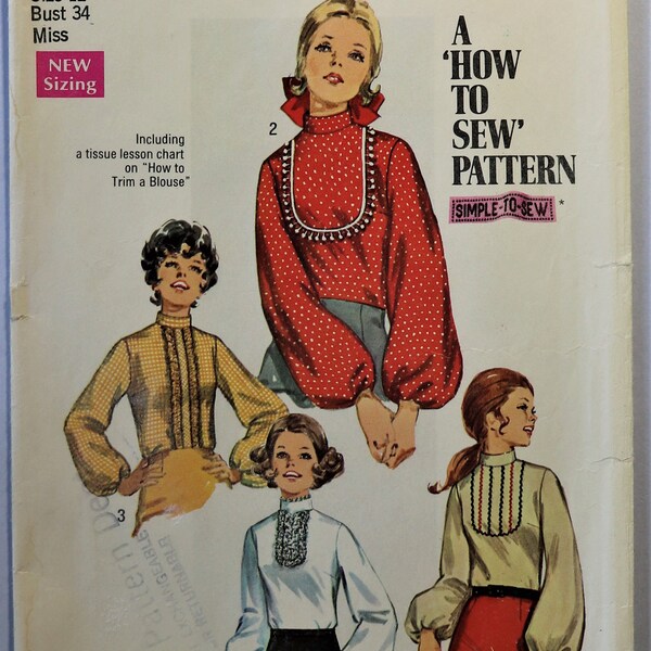 Simplicity 8416.  Misses blouse pattern.  Vintage 1969 Boho blouse pattern.  "How to Sew" pattern - blouse trims.  SZ 12.  Uncut