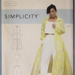 May include: Simplicity sewing pattern S9114, featuring a woman wearing a white crop top, pants, and a long yellow patterned jacket. The pattern includes diagrams for a dress, top, and pants. The text on the pattern reads "Mimi G Style" and "SIMPLICITY".