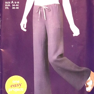 May include: A Simplicity Sew Simple sewing pattern envelope for style 2012, featuring a pair of wide-leg pants with an elasticized drawstring waist. The packaging displays the text Simplicity, Sew Simple, 2012, and size A 8-18, 34-44, 36-46.
