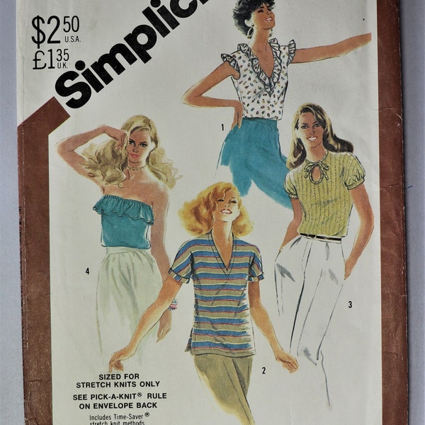 Simplicity 5509.  Misses tops pattern.  Vintage 1982 one yard knit tops pattern. Pullover knit tops pattern. Strapless top. SZ 16 Uncut