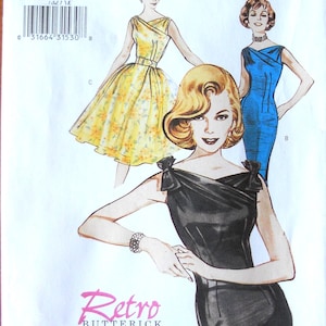 May include: A Butterick 6582 sewing pattern envelope featuring illustrations of three dress styles. The designs include a yellow floral dress with a belt, a blue sheath dress, and a black dress with shoulder bows. The text reads Butterick 6582 and Retro Butterick '60.