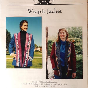 May include: A printed pattern for a "WrapIt Jacket" with two color photos of the jacket. The jacket is shown in blue and red with decorative trim. The pattern includes sizes S-XXXL. The text "WrapIt Jacket" is at the top.