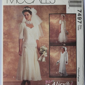 May include: McCall's 7497 sewing pattern envelope for Alicyn Exclusives bridal gowns. The front displays three variations of white wedding dresses with lace bodices, varying sleeve lengths, and skirt styles, accompanied by veils and bouquets.