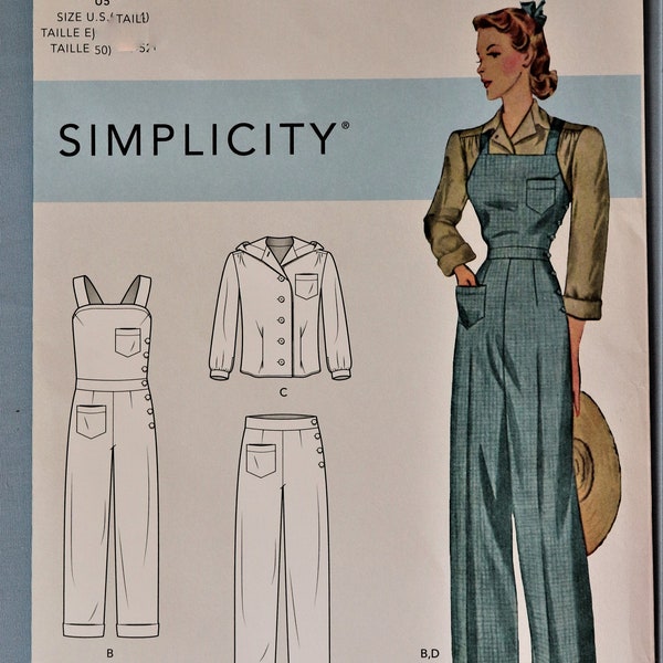 Simplicity 8447.  Women's bib overalls pattern.  Retro 1940's Rosie the Riveter bib overalls. 1940s Loose fit pants, blouse. SZ 16-24  Uncut