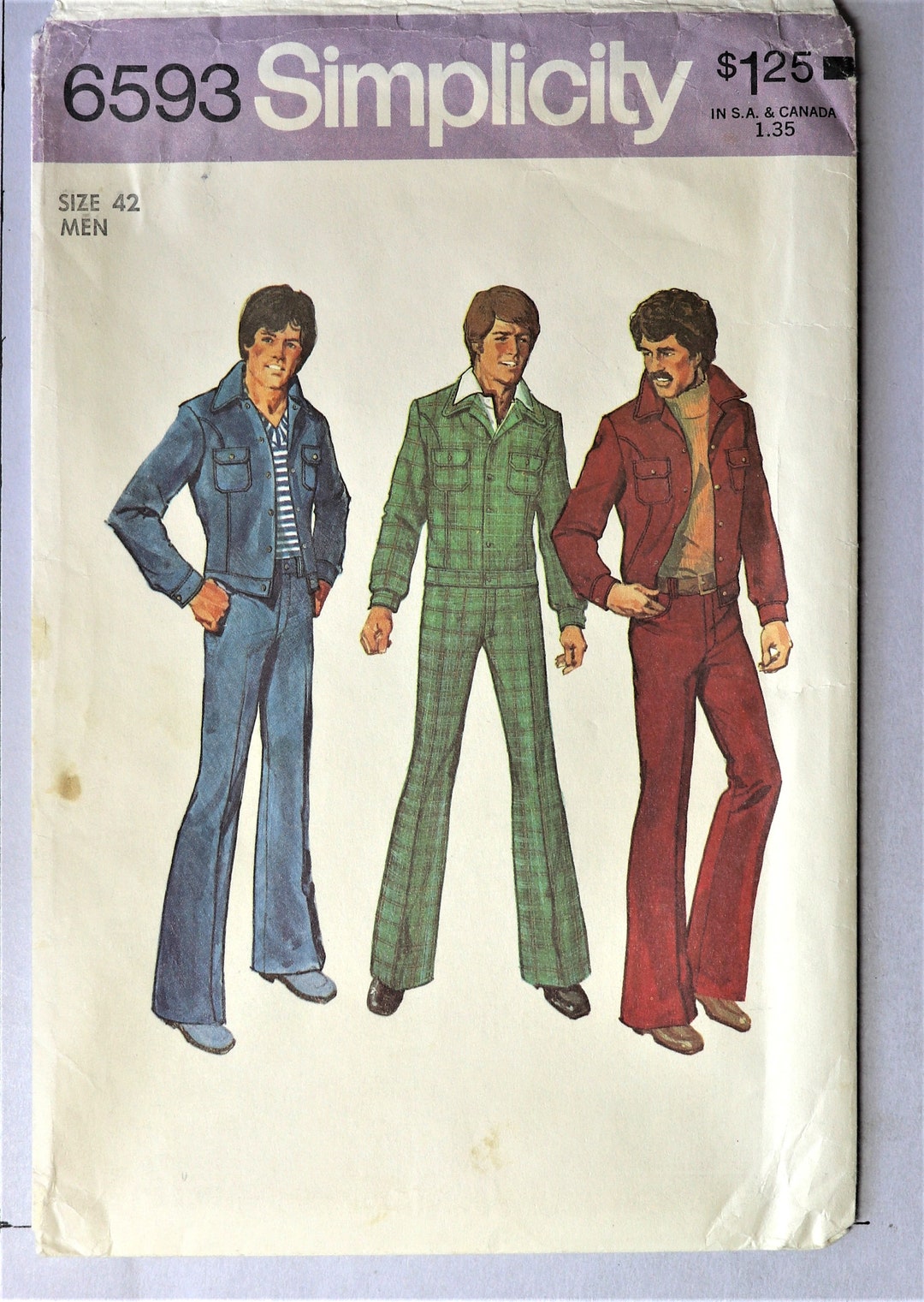 Simplicity 6593. Vintage 1974 Mens Jacket and Pants Pattern. Men's Jeans Jacket Pattern. Men's