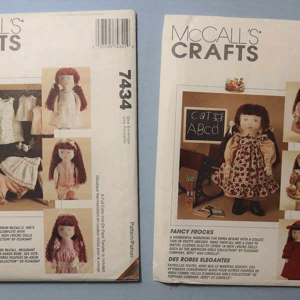 McCall's 7434.  McCall's 7435.  Emma doll and clothes pattern.  18 inch fabric doll "Emma" and Fancy Frocks pattern.  Uncut