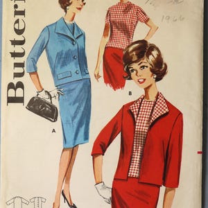 May include: Vintage Butterick sewing pattern featuring illustrations of women's suits and separates. The pattern includes a blue suit, a red suit, and a red and white checkered top. The pattern number is 2178, and the price is 60¢.