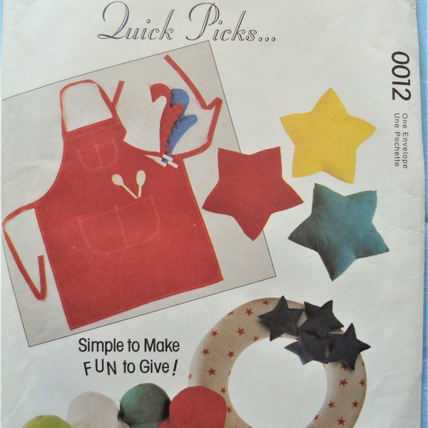 McCall's 0012.  Simple to Make gifts pattern.  Apron pattern, Dog bed, wood carrier, sachet, tie pattern.  Star pillows pattern. Uncut