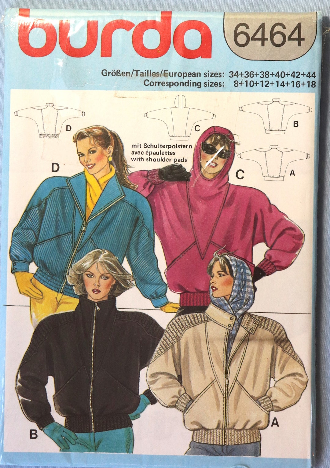 Burda 6464. Misses Jacket Pattern. Lady's Bomber Jacket Pattern. Hooded