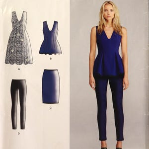 May include: A Cynthia Rowley sewing pattern featuring a woman in a blue outfit. The pattern includes a dress, top, skirt, and leggings. The size range is U.S. 6-14.