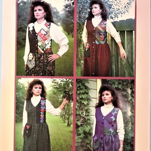 May include: A vintage sewing pattern titled "MEADOWLAND JUMPERS" featuring four different jumper designs. Each jumper is shown on a model, showcasing various fabric combinations and styles. The pattern includes adult sizes 8-22.