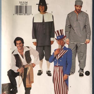 Butterick 3556.   Men  Pirate, Aladdin, Pilgrim, Uncle Sam, prisoner costume pattern.  XS-M.  Uncut