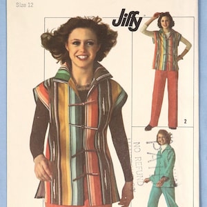 May include: Simplicity sewing pattern 7614, size 12, featuring a woman in a striped vest and pants. The pattern includes a green suit and a striped top with matching pants. The text "Jiffy" is visible.