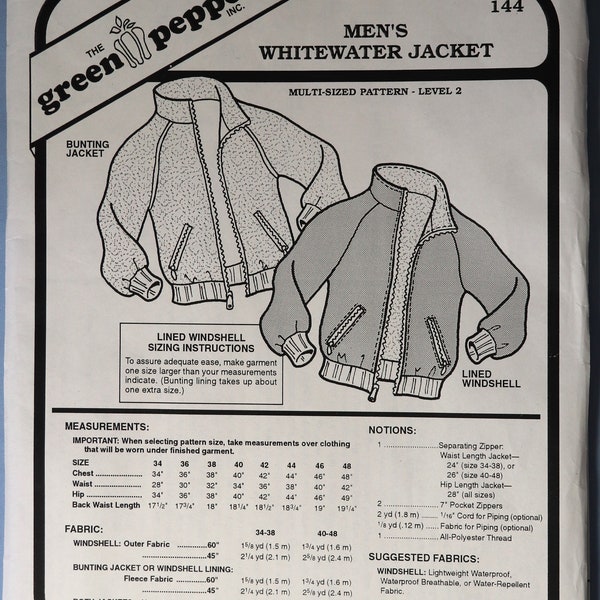 Green Pepper 144 men's Whitewater jacket pattern.  Men's lined windbreaker pattern.  Mens fleece jacket pattern.  SZ 34-48 Uncut