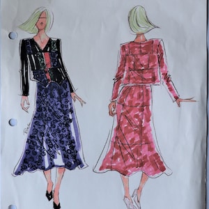 May include: A sewing pattern sheet titled Paw Prints Pattern Company 1019 Piece by Piece. It features two fashion illustrations of a two-piece outfit consisting of a jacket and a skirt. The left figure shows a black jacket and a purple floral skirt.