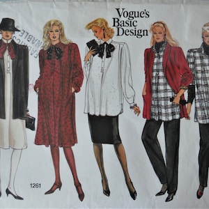 May include: Vogue's Basic Design pattern envelope featuring illustrations of women's fashion. The designs include a black blazer, a red patterned coat, a white blouse, a red jacket, and a black and white plaid shirt. The number 1261 is printed on the envelope.