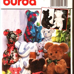 May include: A Burda sewing pattern envelope for a soft toy animal in 3 sizes: 40 cm (15 inches), 30 cm (12 inches), and 20 cm (8 inches). The cover displays various finished teddy bears made from different fabrics, including floral, plaid, and solid plush materials.