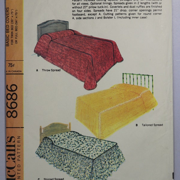 McCall's 8686.  Bed covers pattern.  Vintage 1967 bedspread, coverlet, dust ruffle, bolster pattern.  Uncut