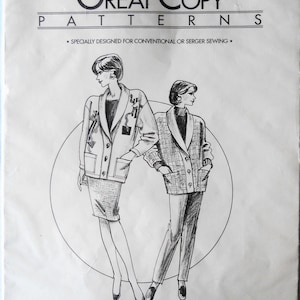 May include: A vintage sewing pattern titled "Great Copy Patterns" featuring a line drawing of two figures wearing shawl collar cardigans. The pattern is designed for conventional or serger sewing. The pattern number is #840.