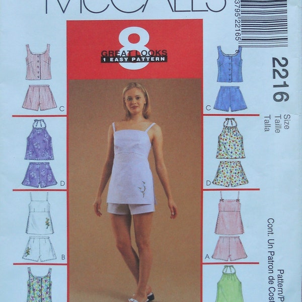 McCall's 2216.  Misses tops and shorts pattern.  Summer tops and shorts pattern. Halter top. Camisole top.  SZ 8-12. Uncut.