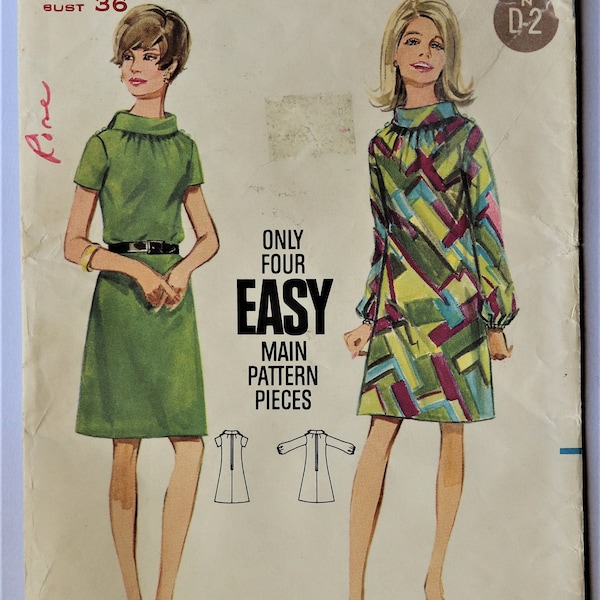 Butterick 4580.  Misses dress pattern. Vintage 1967 mini dress pattern.  1967  Mod cowl neck A line mini dress pattern. SZ 16. Uncut.