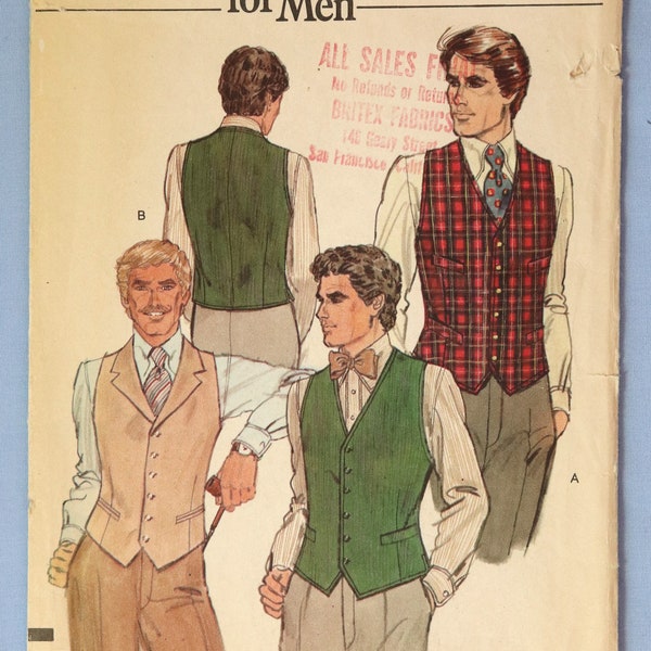 Vogue 9952. Men's vest pattern.  Vintage 1970's men's fitted lined vest pattern.  Chest 42.