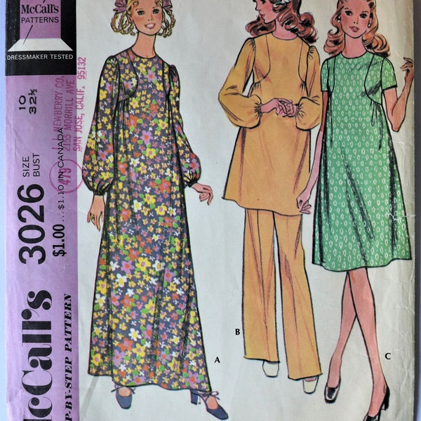 McCall's 3026.  Misses caftan pattern.  Maternity caftan pattern. Maternity dress pattern.  Vintage 70s Boho tunic and pants pattern. SZ 10.