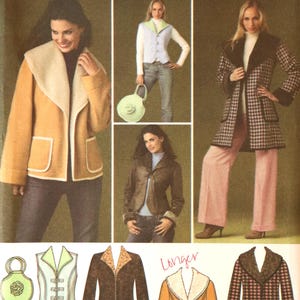 May include: Simplicity sewing pattern 4356, size H5 6-14, featuring illustrations of various jackets and a circular handbag. The designs include a tan jacket with a cream collar, a houndstooth coat, a vest with toggles, and a brown jacket.