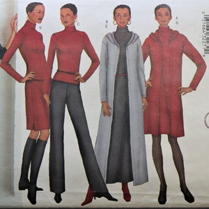 May include: Butterick sewing pattern 6771 for sizes 6-8-10. The envelope displays illustrations of various garments including long-sleeved turtlenecks, long coats with hoods, a knee-length dress, and trousers in shades of red, gray, and black.