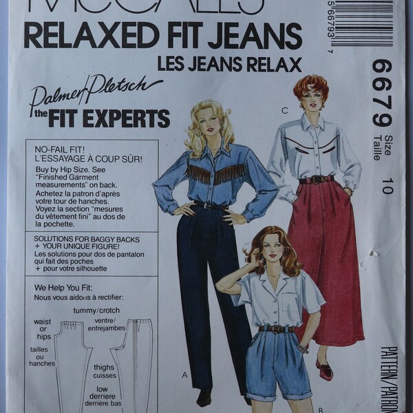 McCall's 6679.  Misses jeans pattern.  Palmer and Pletsch relaxed fit jeans and culottes pattern. Split skirt, gaucho pattern. SZ 10 Uncut