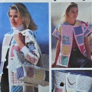 May include: A Simplicity sewing pattern envelope 7893 for a quilted jacket and tote bag. The cover features images of a patchwork jacket and a matching quilted tote bag with floral and solid colored squares, labeled with the designer Shirley Botsford.