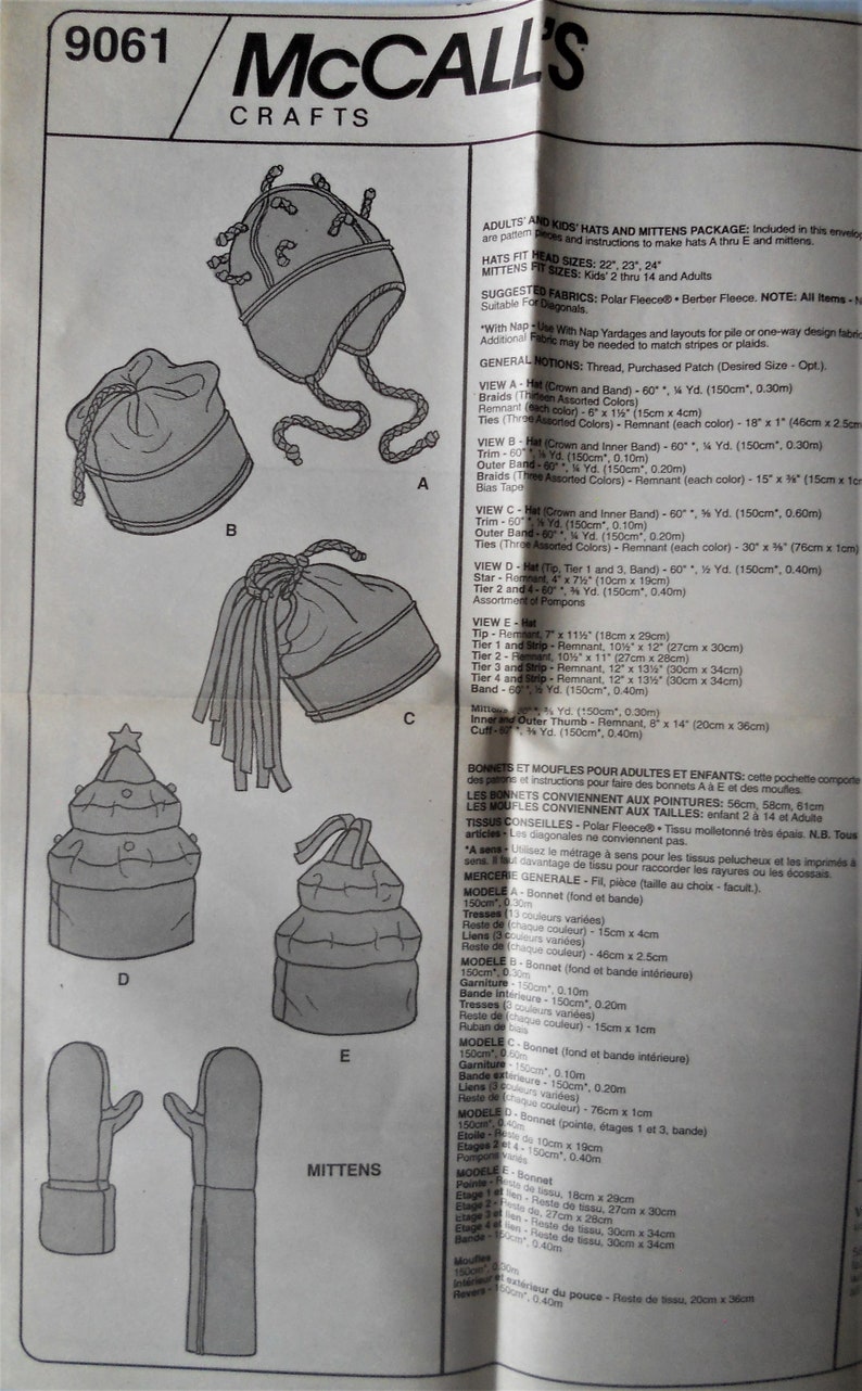 Adult and child fleece hats and mittens pattern McCall/'s 9061 Fleece hats and mittens pattern Uncut Novelty fleece hats pattern
