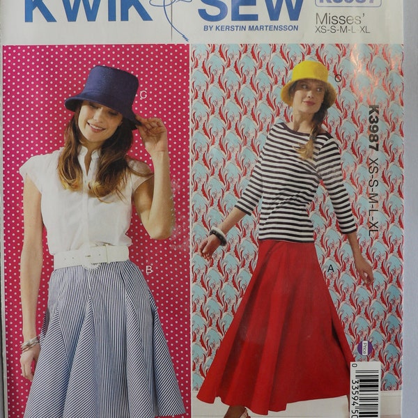 Kwik Sew 3987.  Misses skirt  pattern.  Misses gored skirt with gussets pattern. Flared skirt pattern. Bucket hat ptn. SZ XS-XL Uncut