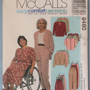 May include: McCall's 9480 easy comfort dressing sewing pattern envelope featuring illustrations of various tops, pants, and skirts. The cover displays two individuals wearing a floral print dress and a solid pink blazer with matching trousers.