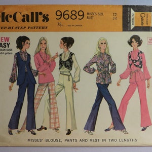 May include: Vintage McCall's sewing pattern 9689 featuring a step-by-step guide for Misses' blouse, pants, and vest in two lengths. The cover displays illustrations of the finished garments, including bell-bottom pants and floral prints.