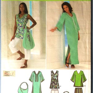 May include: Simplicity sewing pattern 4550 for size KK 8, 10, 12, 14. The envelope features illustrations of a long green tunic, a patterned sleeveless top, white pants, striped pants, and a hobo-style bag. Includes text: Simplicity 4550.