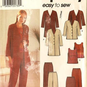 May include: Simplicity sewing pattern featuring a woman's suit with a long jacket and pants. The pattern includes options for a vest, skirt, and various jacket styles. The text "easy to sew" is displayed on the top right.