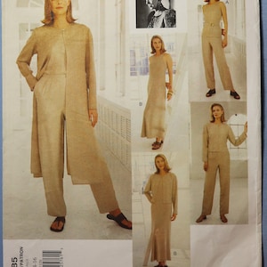 May include: Vogue Attitudes sewing pattern 1985 featuring a woman in a beige pantsuit with a long jacket. Additional outfits include a sleeveless top and pants, and a long dress. The pattern size is 12-14-16.