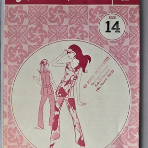 May include: Vintage sewing pattern titled "Patterns Pacifica 1015." The cover features a pink and white floral design with illustrations of two women in 1970s-style outfits. The size is 14. The Singer Company, Kaiko'o Hilo Mall, Hilo, Hawaii 96720.