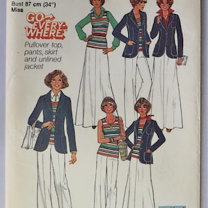 May include: Simplicity sewing pattern 7930 for a size 12 miss, featuring a pullover top, pants, skirt, and unlined jacket. The illustrations show various combinations of a striped top, white pants, a white skirt, and a dark blue jacket.