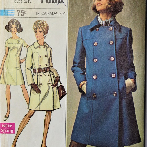 Simplicity 7905.  Misses coat and dress pattern.  Vintage 1968 coat and dress pattern.  A line dress pattern. Double breasted coat. SZ 10.