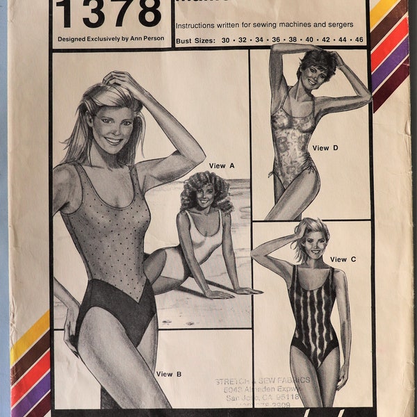 Stretch and Sew 1378.  Swim suit pattern.  Vintage 1987 tank swim suit pattern.  Maillot swim suit pattern. Bust 30-46  Uncut