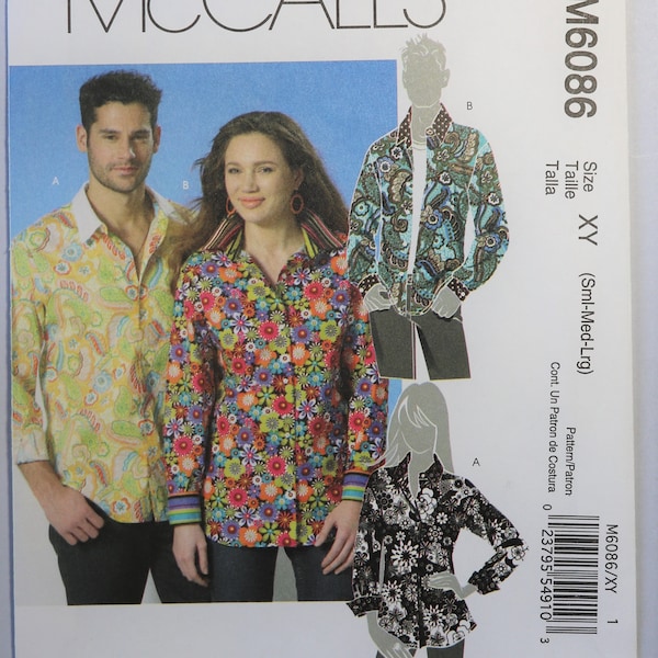 McCall's 6086.  Men and women's shirt pattern.  Unisex loose fit long sleeve shirt pattern.  Untuck shirt pattern. SZ S, M, L. Uncut